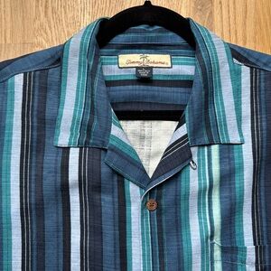 Tommy Bahama Men's Striped Blue and Green Silk Camp Shirt